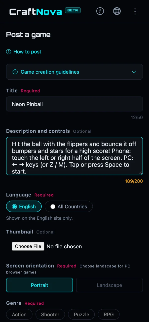 Enter a title, description, and language